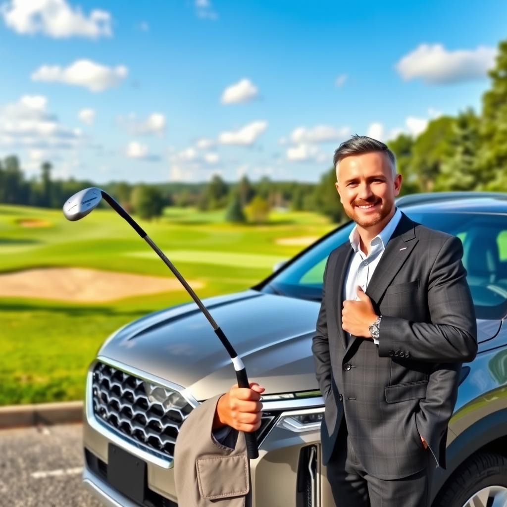 A successful businessman standing proudly next to a Hyundai Palisade in front of a beautiful golf course, holding a golf club prominently