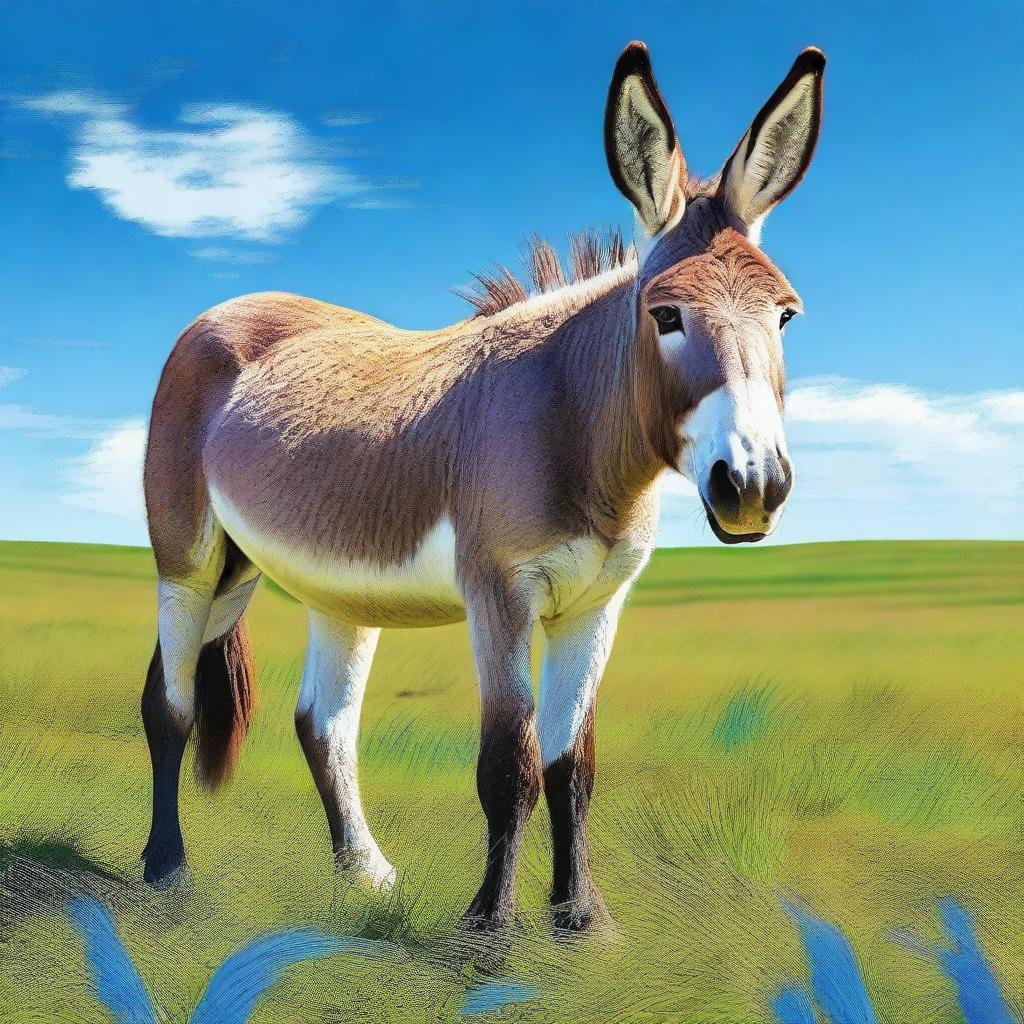 A digital art representation of a large donkey, also known as an ass, standing in a grassy field under a bright blue sky