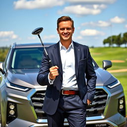 A successful businessman standing proudly next to a Hyundai Palisade in front of a beautiful golf course, holding a golf club prominently