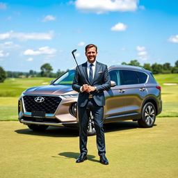 A successful businessman standing proudly next to a Hyundai Palisade in front of a beautiful golf course, holding a golf club prominently