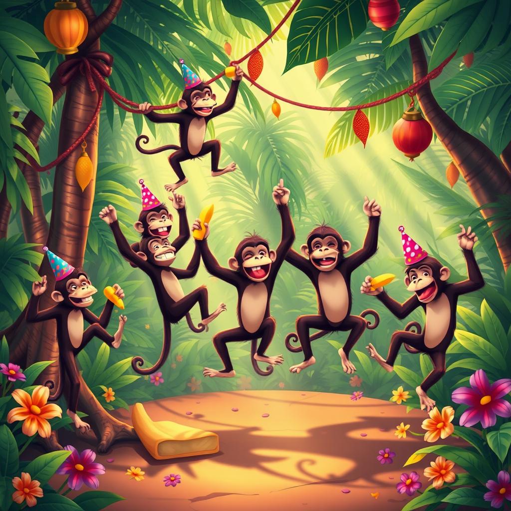 A whimsical scene depicting a lively dance party in a lush jungle, where several playful monkeys swing and dance joyfully among vibrant tropical trees