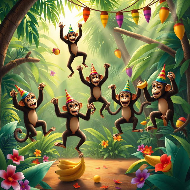 A whimsical scene depicting a lively dance party in a lush jungle, where several playful monkeys swing and dance joyfully among vibrant tropical trees