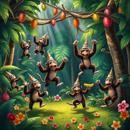 A whimsical scene depicting a lively dance party in a lush jungle, where several playful monkeys swing and dance joyfully among vibrant tropical trees