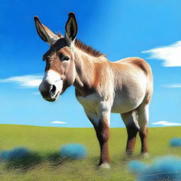 A digital art representation of a large donkey, also known as an ass, standing in a grassy field under a bright blue sky