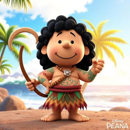 A 3D rendered cartoon character from Peanuts transformed into Maui from Moana