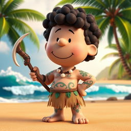 A 3D rendered cartoon character from Peanuts transformed into Maui from Moana