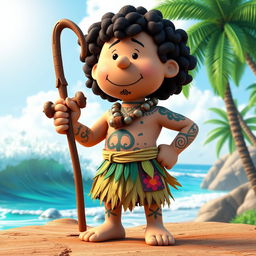 A 3D rendered cartoon character from Peanuts transformed into Maui from Moana