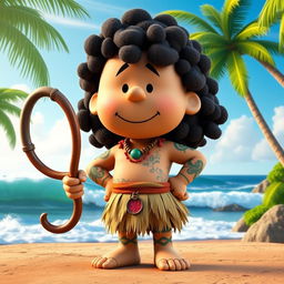 A 3D rendered cartoon character from Peanuts transformed into Maui from Moana