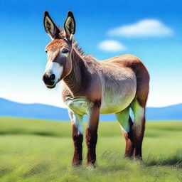 A digital art representation of a large donkey, also known as an ass, standing in a grassy field under a bright blue sky