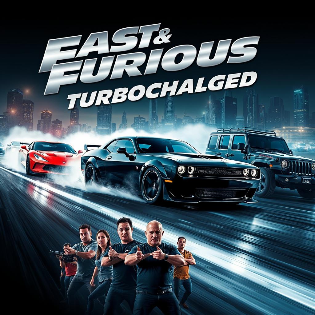 An adrenaline-pumping movie poster for the new release titled 'Fast & Furious: Turbocharged', featuring a lineup of high-performance cars racing through a dramatic urban landscape at night