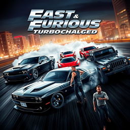 An adrenaline-pumping movie poster for the new release titled 'Fast & Furious: Turbocharged', featuring a lineup of high-performance cars racing through a dramatic urban landscape at night