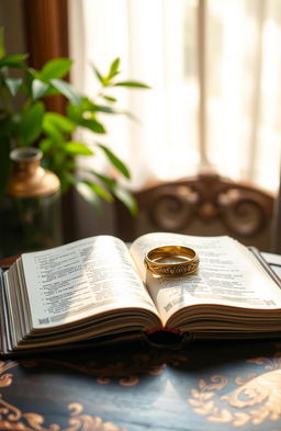 An open bible on a beautifully decorated wooden table, with ornate golden rings resting on the pages of the scripture