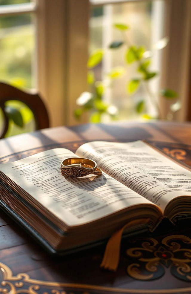 An open bible on a beautifully decorated wooden table, with ornate golden rings resting on the pages of the scripture