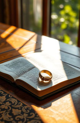 An open bible on a beautifully decorated wooden table, with ornate golden rings resting on the pages of the scripture