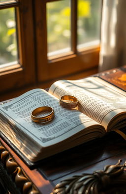 An open bible on a beautifully decorated wooden table, with ornate golden rings resting on the pages of the scripture
