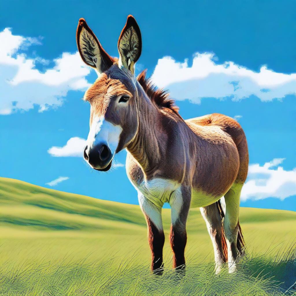 A digital art representation of a large donkey, also known as an ass, standing in a grassy field under a bright blue sky