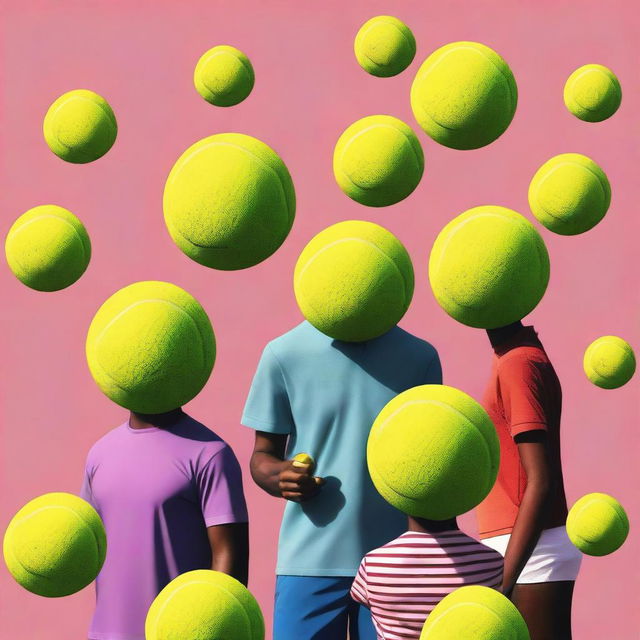 A humorous, high-quality digital art image featuring people with tennis balls for heads