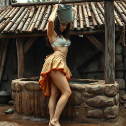A sexy and beautiful woman standing near a rustic well, dressed in a variety of charming underskirts adorned with dusty stains, emphasizing her graceful form