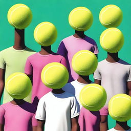 A humorous, high-quality digital art image featuring people with tennis balls for heads