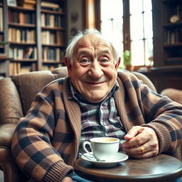 An old, chubby man with striking blue eyes and a prominent large nose, sitting in a rustic armchair