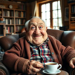 An old, chubby man with striking blue eyes and a prominent large nose, sitting in a rustic armchair