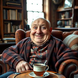 An old, chubby man with striking blue eyes and a prominent large nose, sitting in a rustic armchair