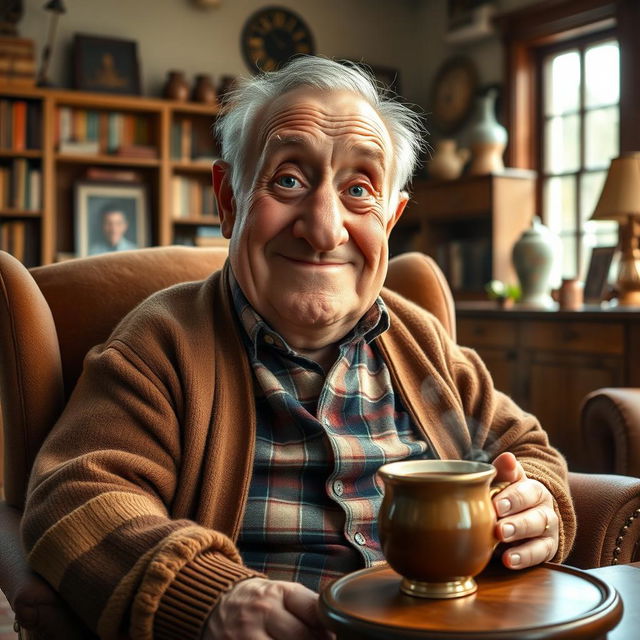 An old, chubby man with striking blue eyes and a prominent large nose, sitting in a rustic armchair