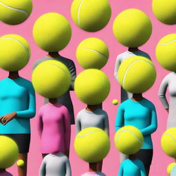 A humorous, high-quality digital art image featuring people with tennis balls for heads