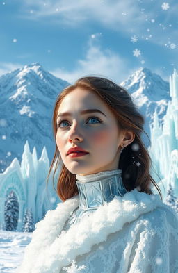 A breathtaking, snowy kingdom landscape with majestic snow-capped mountains and intricate ice sculptures, showcasing a serene yet chilly atmosphere