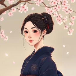 An illustration in a manhwa style depicting a 30-year-old Asian woman wearing a dark blue kimono