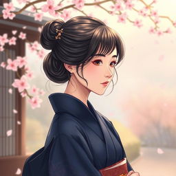 An illustration in a manhwa style depicting a 30-year-old Asian woman wearing a dark blue kimono