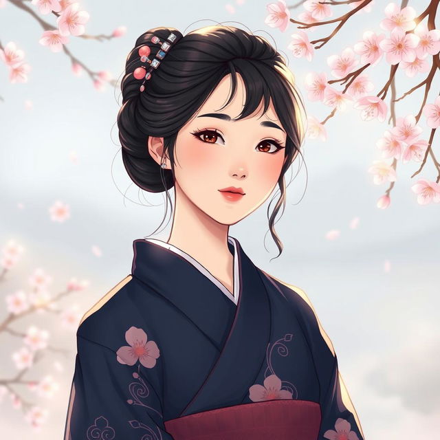 An illustration in a manhwa style depicting a 30-year-old Asian woman wearing a dark blue kimono