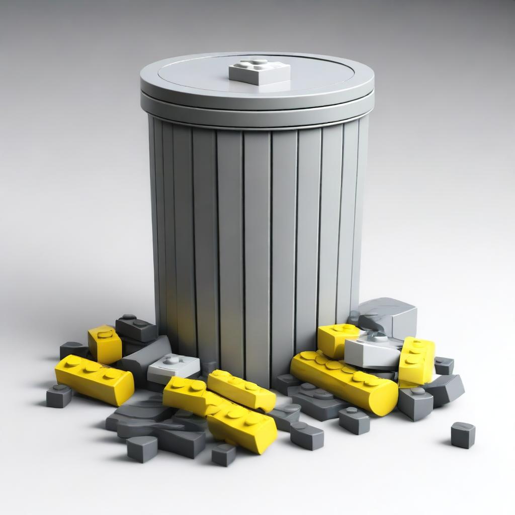 A high-quality digital art image showcasing a Lego set designed to look like a trash can