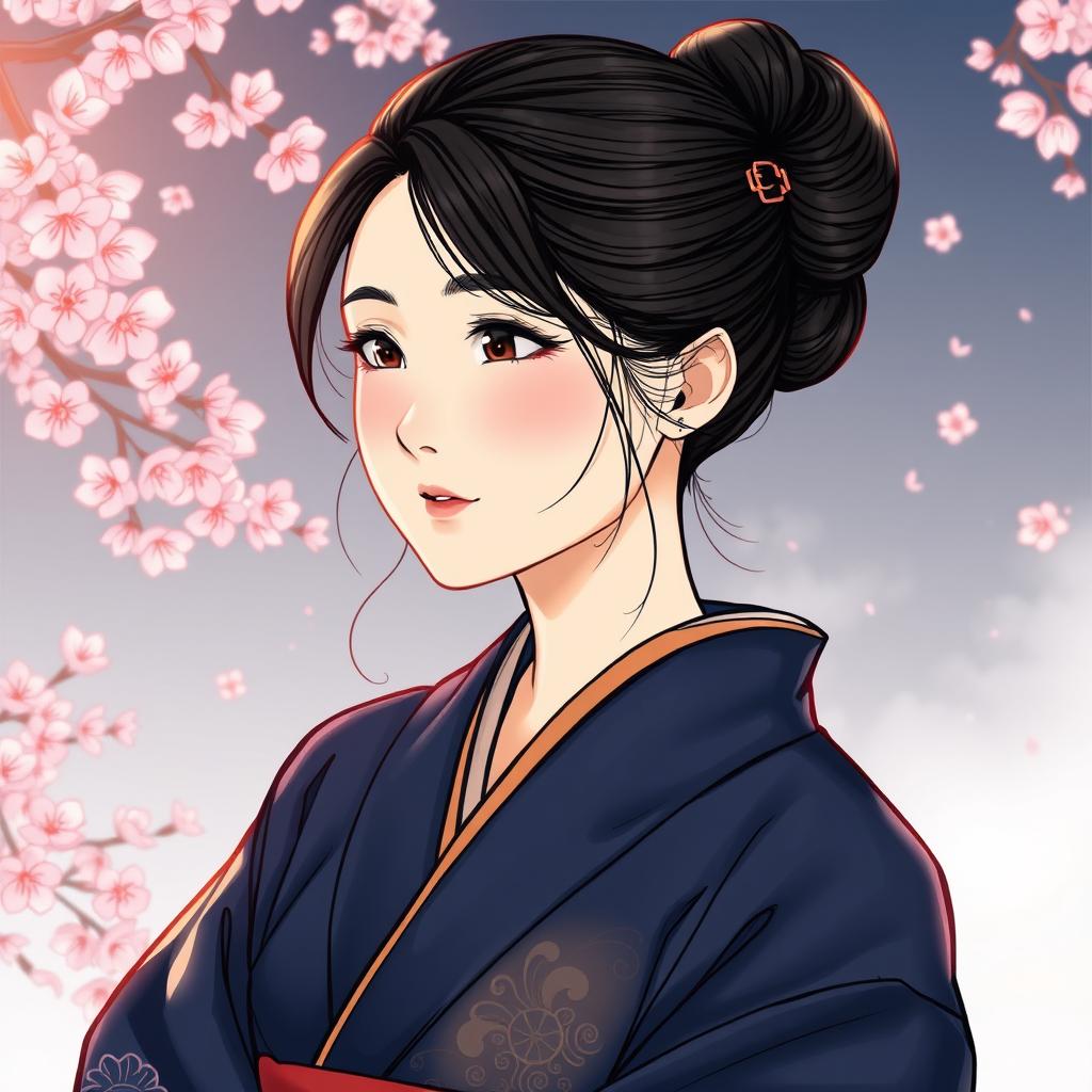 An illustration in a manhwa style depicting a 30-year-old Asian woman wearing a dark blue kimono