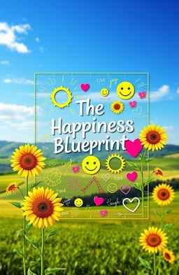 An inspiring and visually stunning representation of 'The Happiness Blueprint', featuring a colorful blueprint design filled with symbols of joy, like smiling faces, sunflowers, and hearts