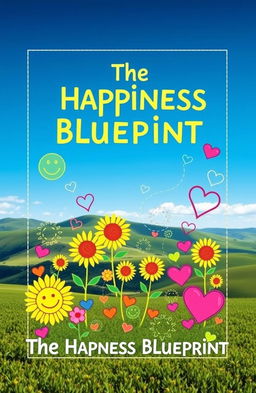 An inspiring and visually stunning representation of 'The Happiness Blueprint', featuring a colorful blueprint design filled with symbols of joy, like smiling faces, sunflowers, and hearts