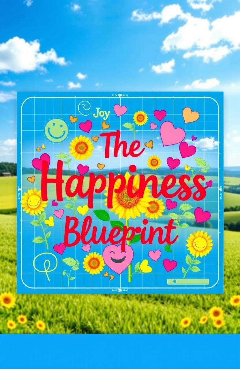 An inspiring and visually stunning representation of 'The Happiness Blueprint', featuring a colorful blueprint design filled with symbols of joy, like smiling faces, sunflowers, and hearts