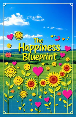 An inspiring and visually stunning representation of 'The Happiness Blueprint', featuring a colorful blueprint design filled with symbols of joy, like smiling faces, sunflowers, and hearts