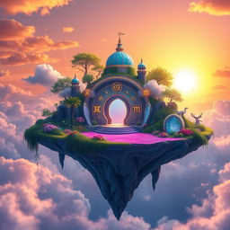 A floating island featuring a stunning zodiac sanctuary surrounded by a magical atmosphere