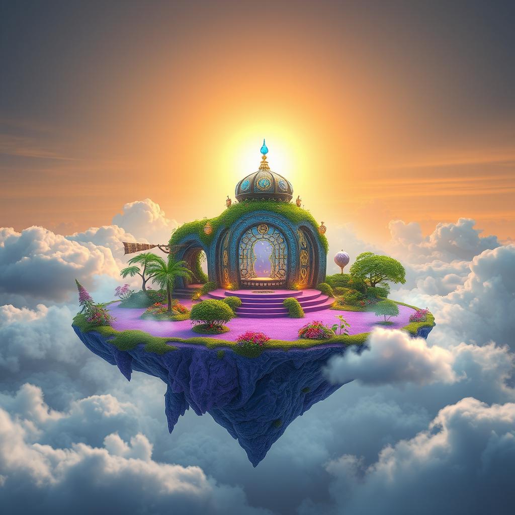 A floating island featuring a stunning zodiac sanctuary surrounded by a magical atmosphere