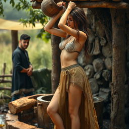 A sexy and beautiful woman standing near a rustic well, wearing a variety of intricately designed underskirts that have dusty stains, suggesting an enchanting, outdoor atmosphere