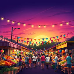 Create a vibrant and eye-catching poster featuring a lively street market scene at twilight