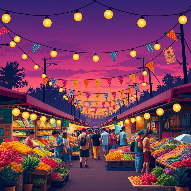 Create a vibrant and eye-catching poster featuring a lively street market scene at twilight