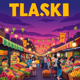 Create a vibrant and eye-catching poster featuring a lively street market scene at twilight