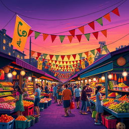 Create a vibrant and eye-catching poster featuring a lively street market scene at twilight