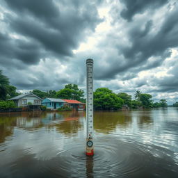 A vivid scene of a flooded area showcasing a prominent post indicating water level and water pressure