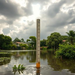 A vivid scene of a flooded area showcasing a prominent post indicating water level and water pressure
