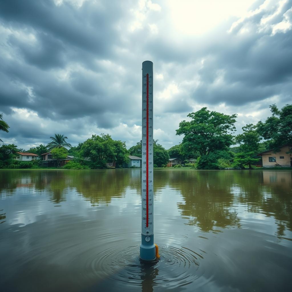 A vivid scene of a flooded area showcasing a prominent post indicating water level and water pressure