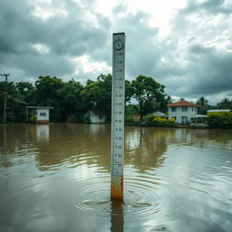 A vivid scene of a flooded area showcasing a prominent post indicating water level and water pressure
