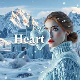 A breathtaking, snowy kingdom landscape with majestic snow-capped mountains, showcasing an intricate palace made of ice in the background